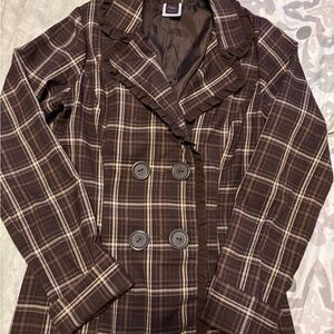 Plaid Double-Breasted Brown Jacket